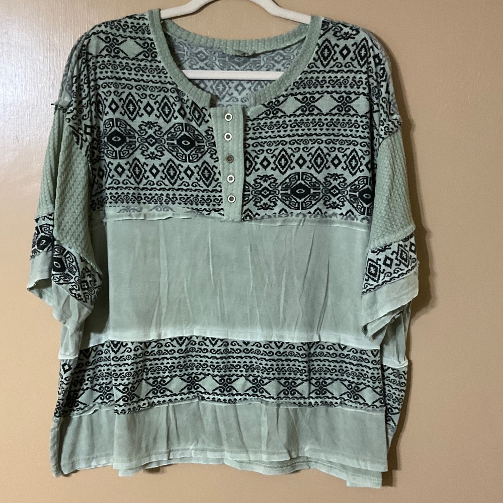 POL Sage Green Boho Tunic with Black Geometric Print